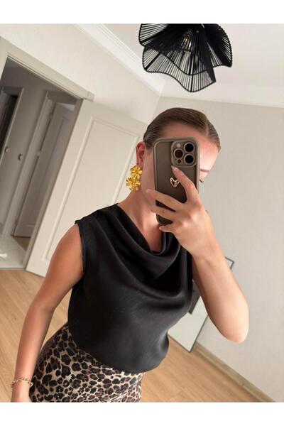 BAŞARAN Degaje Collar Black Satin Blouse