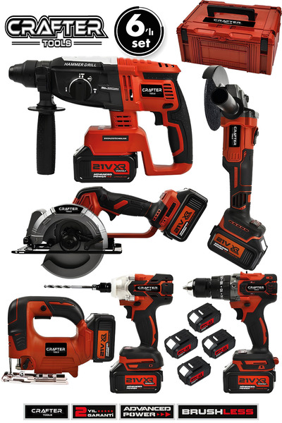 CRAFTERTOOLS Profesyonel 21 V Çelik Şanzuman Kömürsüz Motor 6'Lı Makine Seti