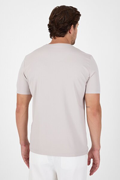 İmza Ανοιχτό μπεζ κοντομάνικο μπλουζάκι με λαιμόκοψη χωρίς τσέπη βαμβακερό casual slim fit μπλουζάκι 1011250165