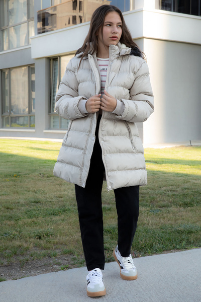 Cansın Mini Cream Fur Inside Snap Fastener Hooded Girl's down Jacket 21316