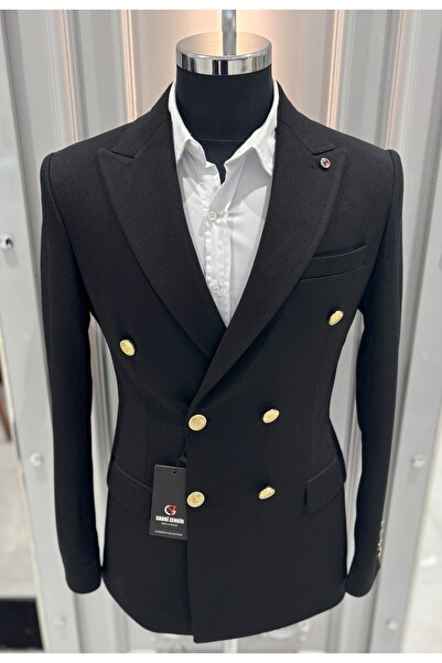 SABRİ ZENGİN Erkek Siyah Kruvaze Slim Fit Blazer Ceket