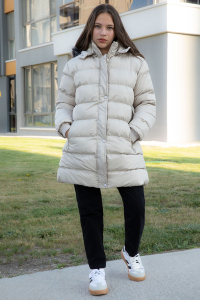 Cansın Mini Cream Fur Inside Snap Fastener Hooded Girl's down Jacket 21316