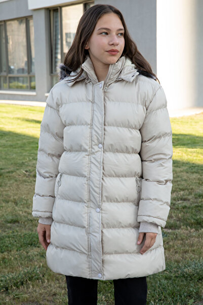 Cansın Mini Krem İçi Kürklü Çıtçıtlı Kapüşonlu Kız Çocuk Şişme Mont 21316