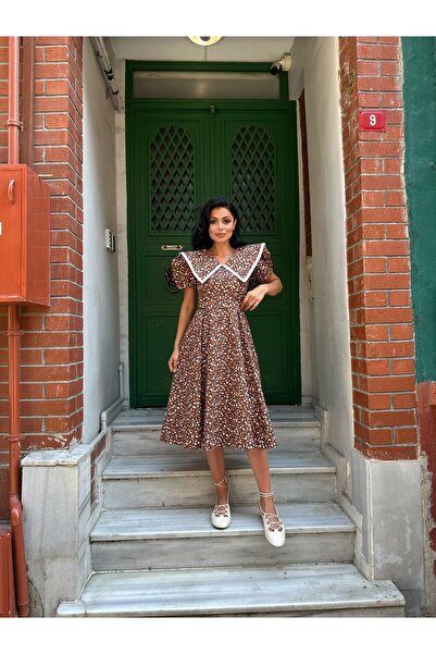 KÜÇÜĞÜM BUTİK Vintage φόρεμα με μεγάλο γιακά καφέ λουλουδάτο κοντομάνικο φόρεμα