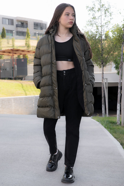 Cansın Mini Haki İçi Kürklü Çıtçıtlı Kapüşonlu Kız Çocuk Şişme Mont 21318