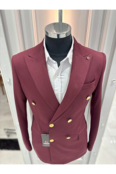 SABRİ ZENGİN Erkek Bordo Kruvaze Slim Fit Blazer Ceket