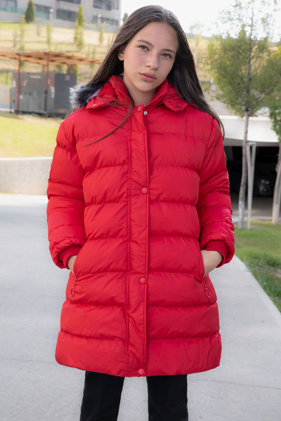 Cansın Mini Red Fur Inside Snap Fastener Hooded Girl's down Jacket 21321