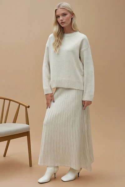 Hiccup Textured Basic Sweater & Flared Midi Skirt Knitwear Set