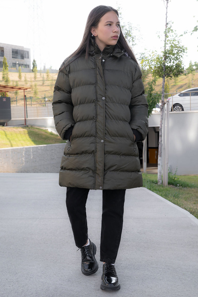 Cansın Mini Khaki Fur Inside Snap Fastener Hooded Girl's down Jacket 21318