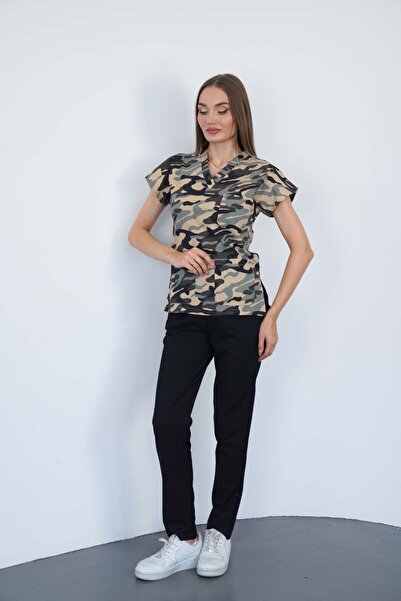 VİZYON UNIFORM Premium Likralı Açık Kamuflaj Desenli Tek Üst Desenli Hemşire ...