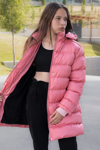Cansın Mini Pink Fur Inside Snap Fastener Hooded Girl's down Jacket 21319