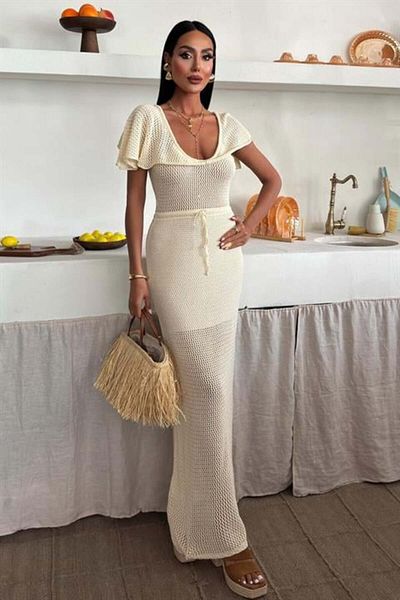 RICHMOST Transparent and Mesh Detailed Deep Collar Women's Knitwear Dress Ecru-Beige