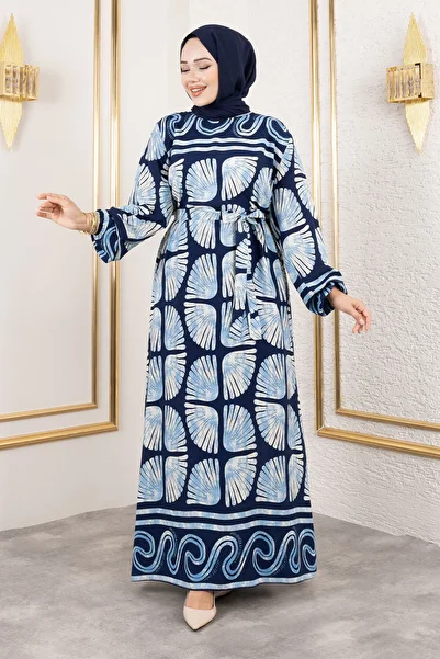 Tesettür Dünyası Oyster Patterned Viscose Dress Tsd250212 Blue