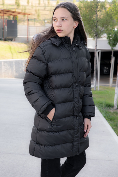 Cansın Mini Μαύρο γούνινο παλτό για κορίτσια με κουκούλα 21317