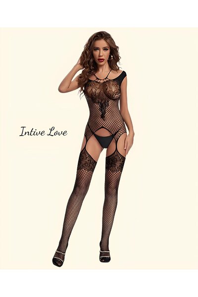 İntive Lingerie Intive Love Garter Boat Neck Patterned Medium Mesh Design Body Stocking (Intive Limited)