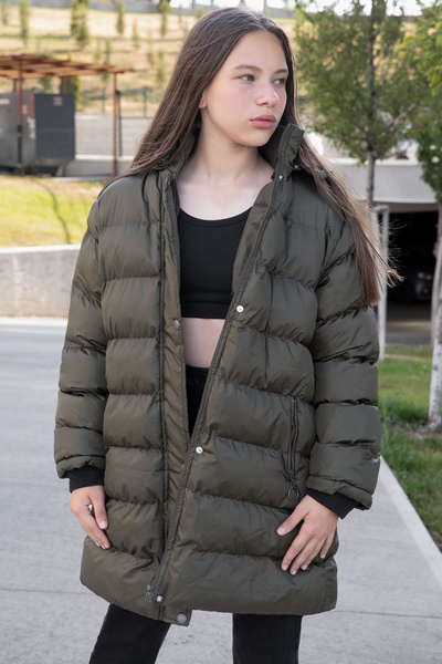 Cansın Mini Khaki Fur Inside Snap Fastener Hooded Girl's down Jacket 21318