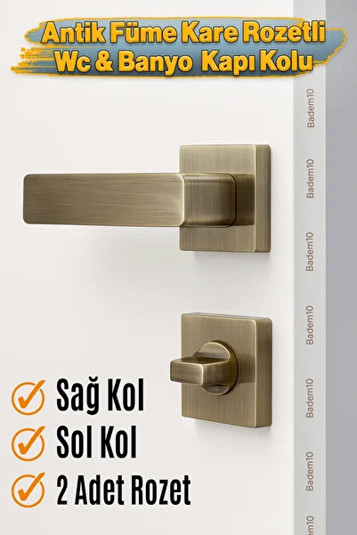 Badem10 Antique Smoked Wc Bathroom Type Door Handle with Rosette Right Left Suitable Modern Interior Door with Lock 1 Set