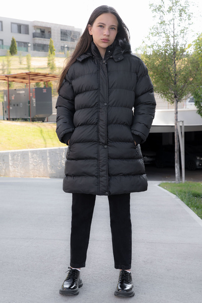 Cansın Mini Black Fur Inside Snap Fastener Hooded Girl's down Jacket 21317