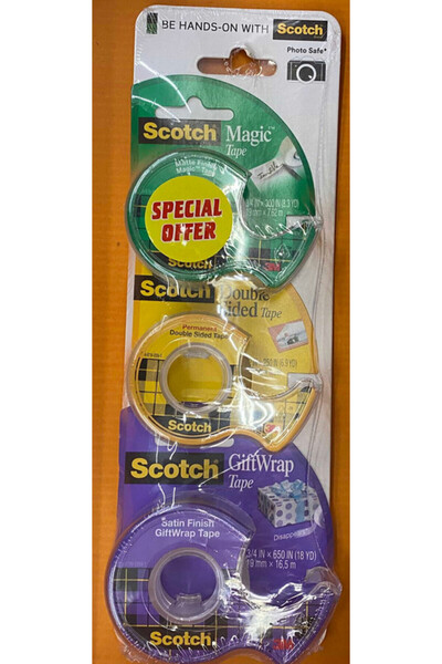 Scotch شريط ® Magic™، 19 مم × 7.6 م بالإضافة إلى شريط تغليف الهدايا، 19 مم × 16.5 م بالإضافة إلى شريط مزدوج الجوانب، 12.7 مم × 6.3 م