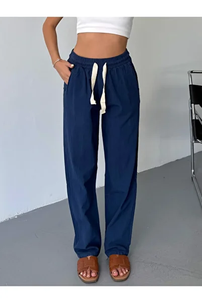 Dechers Women's Linen Pants Stitching & Embroidery Detailed Comfortable Fit Pants W215