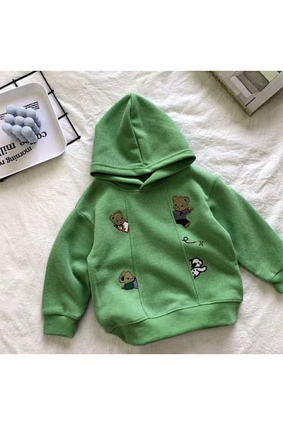 Generic Boys Hoodie Sweatshirt with Embroidered Print, Cute Cartoon Print Kids Top Green 90 (2-3 Years)