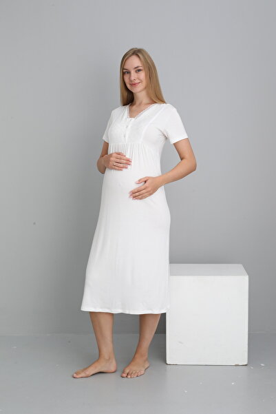 Miss Dünya Lissa White Lace Detailed Maternity and Postpartum Pajama Set Suitable for Breastfeeding