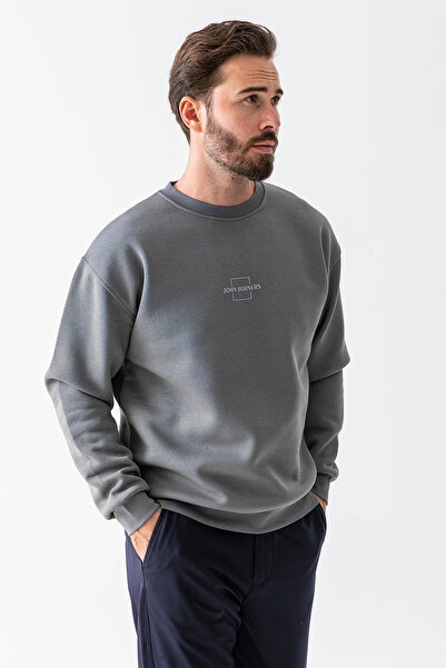 JB John Borners Ανδρικό φούτερ με λαιμόκοψη John Borners με στάμπα με 3 κλωστές ανοιχτόχρωμο χακί - 25K 5405-1