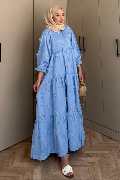 Bestenur Vespera V Yaka Saçaklı Elbise 1589 - Bebe Mavi