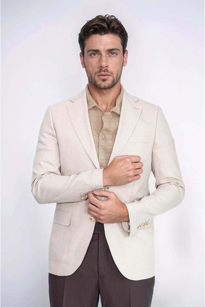 Wessi Bej Balıksırtı Desenli Gold Renk Metal Düğmeli Slim Fit Erkek Blazer Ce...