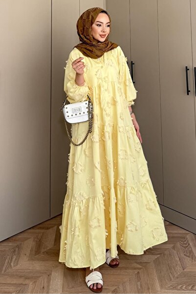 Bestenur Vespera V Yaka Saçaklı Elbise 1589 - Sarı