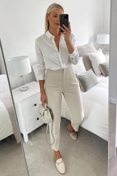 Madmext Cream Front Piping High Waist Women's Trousers Mg2425