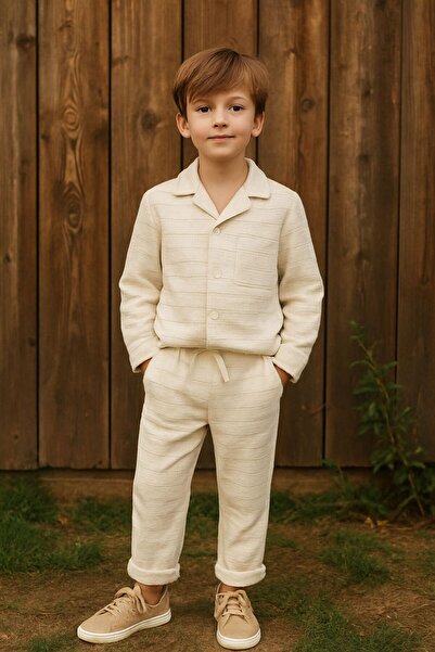 aybabykids Pamuklu Keten Kumaş Yakalı Ceket Takım Erkek Çocuk İkili Takım