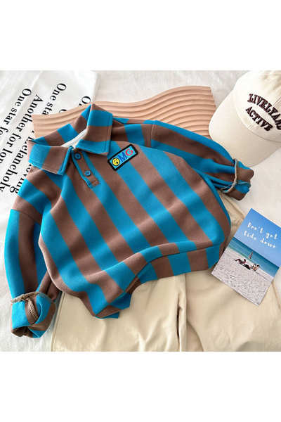 Generic Boys Stripe Sweatshirt Collared Pullover Tops Brown 120 (6Years)