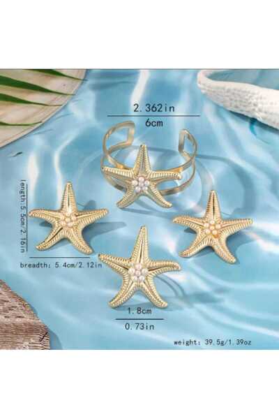 beyna aksesuar Gold Plated Pearl Starfish Bracelet, Earrings and Ring Set Gift for Lover Gift for Mom