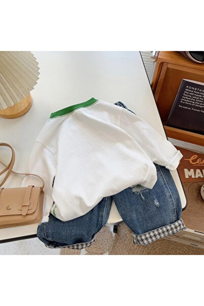 Generic Kids Long Sleeve Sweatshirt, Contrast Color Crew Neck Top White 120 (6Years)