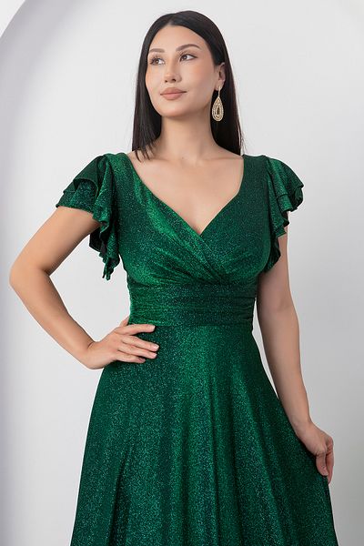 PULLIMM Sleeve Flounce Glitter Evening Dress 39925
