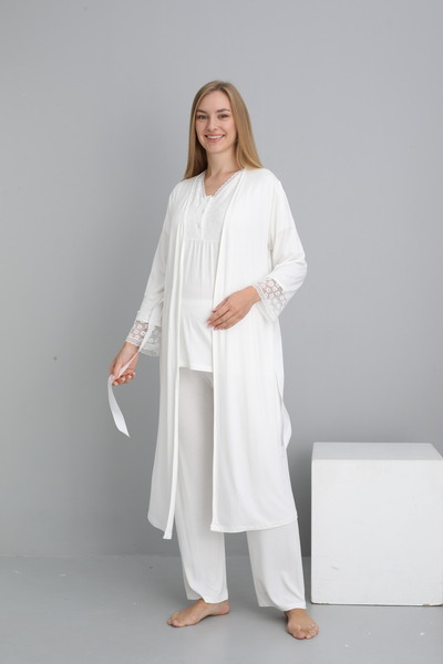 Miss Dünya Lissa White Lace Detailed Maternity and Postpartum Pajama Set Suitable for Breastfeeding