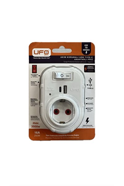 UFO Akım korumalı priz (tekli) anahtarlı (USB+type-c )beyaz renk termal 3000 watt 1. Sınıf kalite