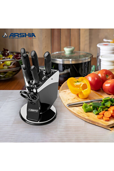 Arshia 🔪✨ German Arshia Knife Set - 8 Pieces with Stand - Stainless Steel, Modern Design, Two-Year Warranty