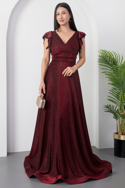 PULLIMM Sleeve Flounce Glitter Evening Dress 39925