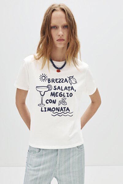 Pull & Bear Kısa kollu kokteyl kadehi baskılı t-shirt