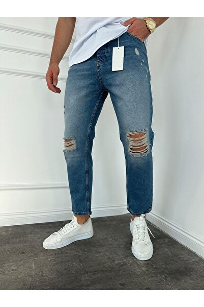 KağanKY Blugi boyfriend albaștri rupti la genunchi