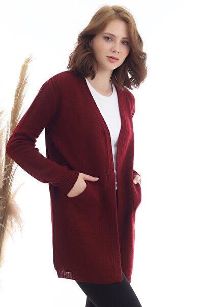 Marvine Women's Pocketed Long Sleeve Knitwear Cardigan Claret Red