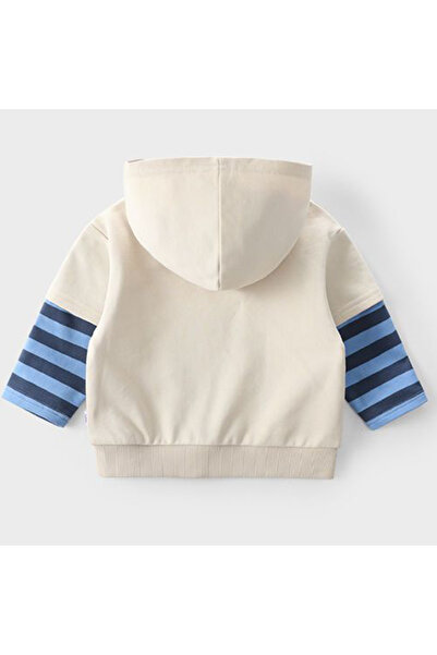 Generic Boys Playful Striped Hoodie Sweatshirt, Cartoon Print Kids Top Beige 90 (2-3 Years)