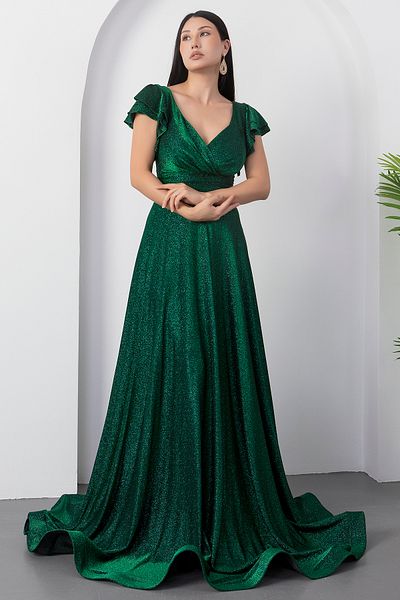 PULLIMM Sleeve Flounce Glitter Evening Dress 39925