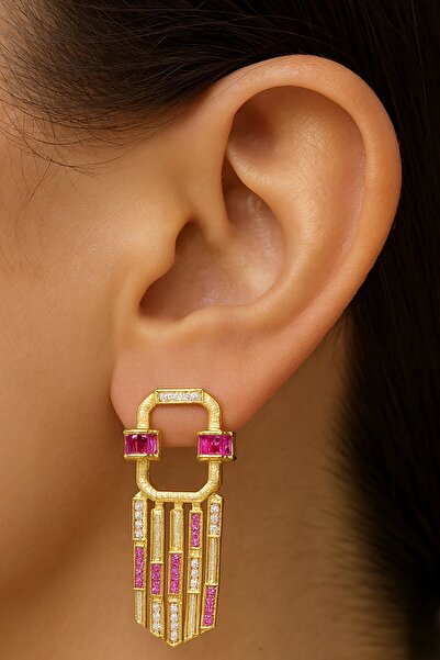 TAKIŞTIR Altın Renk Taş Detaylı Küpe (Çift)