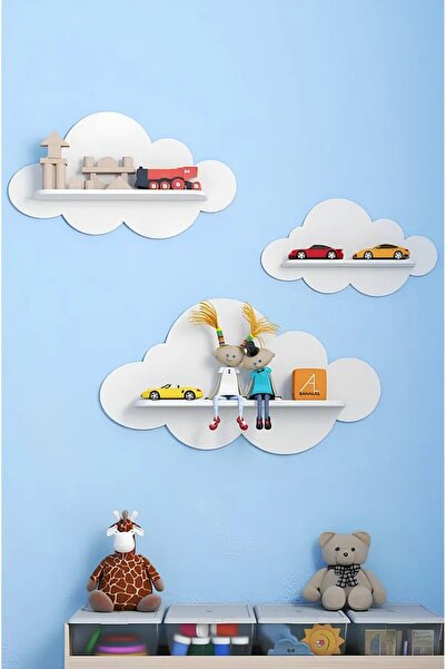 Numa Concept White Decorative 3-Piece Cloud Children's Room Wall Shelf Wall Decoration Product Each 30X18 cm