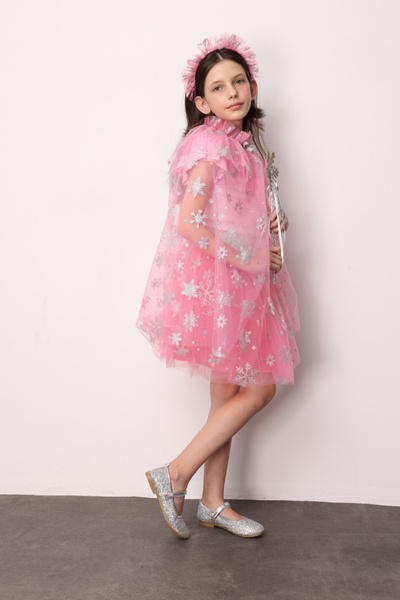 Le Mabelle Pink Snowflake Printed Girl's Cape Asa Crown Set