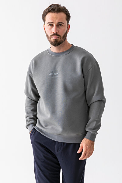 JB John Borners Ανδρικό φούτερ με λαιμόκοψη John Borners με στάμπα με 3 κλωστές ανοιχτόχρωμο χακί - 25K 5405-1