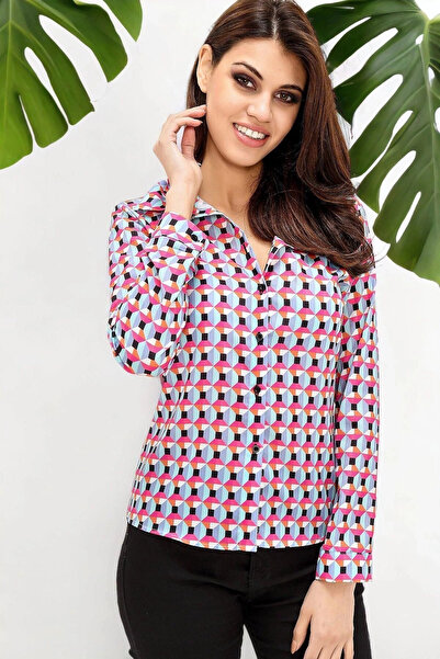 STİLVİA قميص نسائي فوشيا منقوش هندسيًا بأكمام طويلة - مقاس عادي، مقاس قياسي